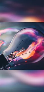 Vibrant light bulb with abstract colors, featuring glowing filament.