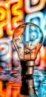 Vibrant photo of a light bulb with colorful neon patterns.