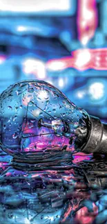 Vibrant blue and pink light bulb with raindrops reflecting on a surface.