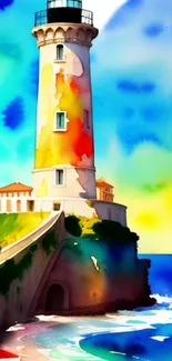 Colorful watercolor lighthouse by the sea.