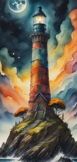 Vibrant lighthouse art with colorful sky and moonlit sea.