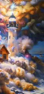 Fantasy lighthouse scene with colorful, surreal clouds.