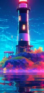 Vibrant lighthouse on island with colorful reflections at night.