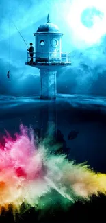 Surreal lighthouse and vibrant underwater scene wallpaper.