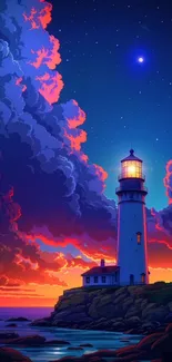 Lighthouse on a rocky cliff at sunset with a starry night sky.