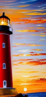 Vibrant lighthouse overlooking a stunning sunset sky with colorful clouds.