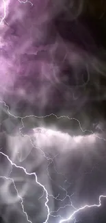 Violet lightning streaks across a smoky, dark background in abstract art.