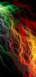 Vibrant lightning arcs in green, red, and yellow on black background.