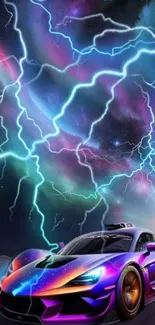 Vibrant sports car under electric lightning sky wallpaper.