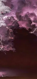 Purple lightning over city skyline at night.