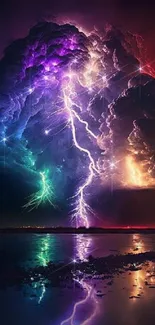 Colorful lightning storm reflecting in water at night.