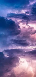 Purple and blue sky with lightning and clouds creating a vibrant scene.