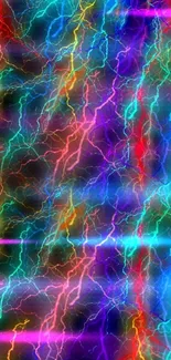 Vibrant lightning bolts in neon colors on a dark mobile wallpaper.