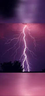 Purple lightning striking through the night sky.