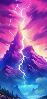 Vibrant mountain wallpaper with lightning and purple hues.