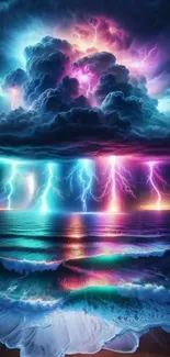 Dynamic lightning storm above a colorful ocean scene.