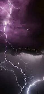 Purple lightning bolt in dark cloudy sky, striking vibrant scene.