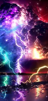 Vibrant lightning storm with colorful sky and electrifying clouds.