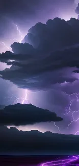 Purple lightning storm with clouds and vibrant flashes.