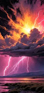Vivid lightning storm with colorful clouds