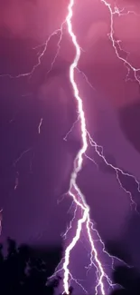 Electrifying purple lightning bolt striking in a vibrant sky.