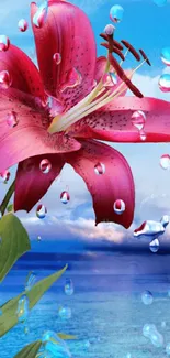 Colorful lily flower with ocean backdrop wallpaper.