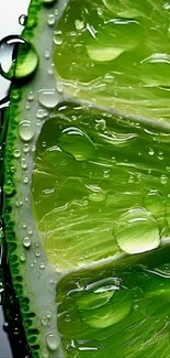 Close-up of a vibrant lime slice with water droplets, showcasing green freshness.