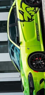 Lime green sports car parked on a cobblestone street.