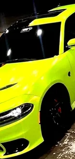 Lime green car parked at night with sleek design.