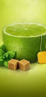 Vibrant lime cup with mint and sugar cubes on green background.