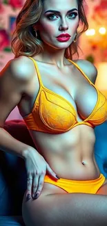 Model in vibrant orange lingerie on a colorful backdrop.