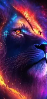 Colorful abstract lion with neon hues and cosmic details in vibrant blue and orange.