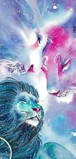 Abstract watercolor lion art with vibrant colors.