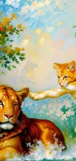 Colorful painting of a lion with playful kitten in a nature setting.