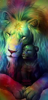 Vibrant rainbow lion and cub artwork with mystical symbols.