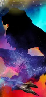 Colorful lion silhouette and eagle in cosmic setting.