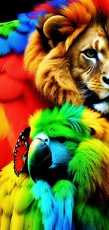 Colorful lion and parrot digital art wallpaper.