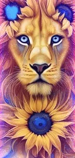 Lion with sunflower mane in vibrant blues and yellows mobile wallpaper.