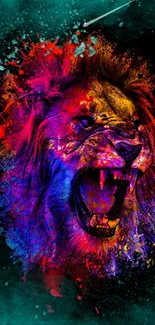 Colorful lion with vibrant paint splashes on a black background.