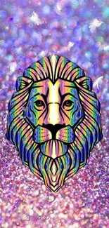 Vibrant abstract lion art on purple glitter background.