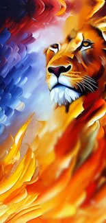 Abstract lion with vibrant colors and fiery design, perfect for mobile wallpaper.