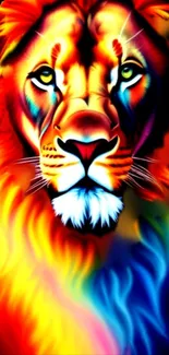 Vibrantly colored lion art wallpaper with red, yellow, and blue hues.