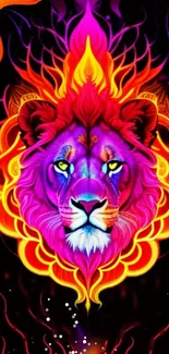 Vibrant lion artwork with fuchsia and fiery design.