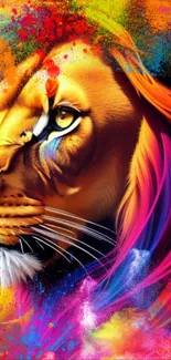 Vivid, colorful lion art wallpaper with abstract design.