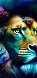 Colorful artistic lion wallpaper with vibrant blue tones.