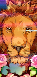 Vibrant artistic lion surrounded by colorful flowers.