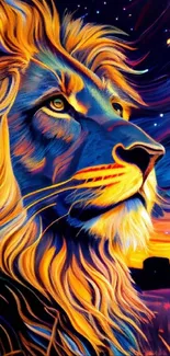 Colorful artistic lion with vibrant background, digital wallpaper.