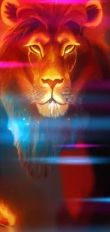 Vivid digital art wallpaper of a glowing lion with fiery colors and neon lines.