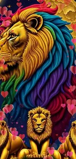 Vibrant lion with rainbow mane and golden moon backdrop.