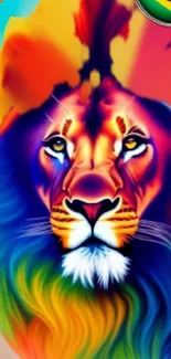 Vibrant multicolored lion illustration, fierce gaze, bold artistic design.